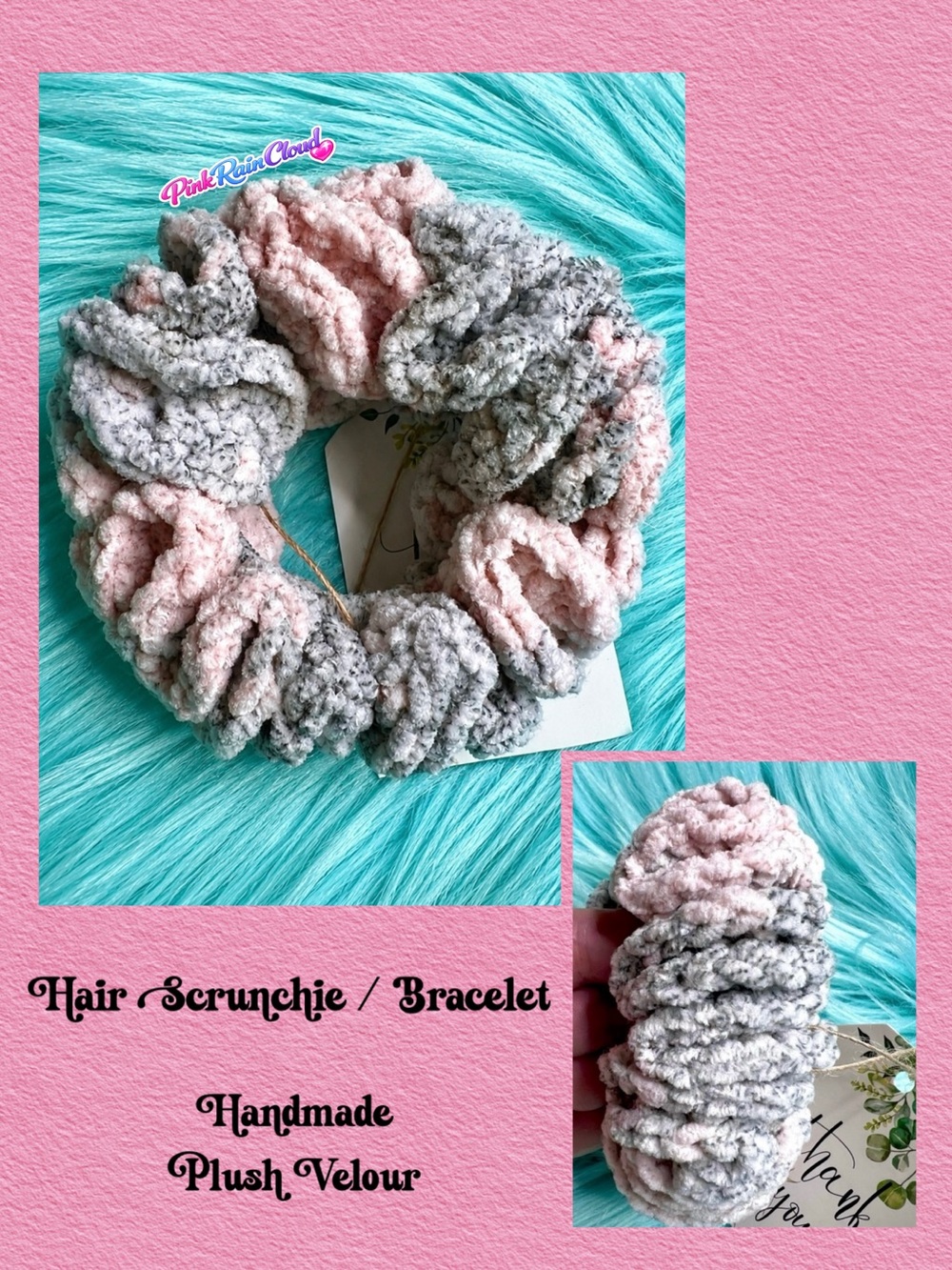 PinkRainCloud Handmade Dusty Rose Velvet Crochet Hair Scrunchie Bracelet